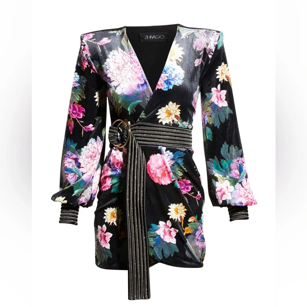 Zhivago Come Back Baby Belted Velvet Mini Floral Wrap Dress 4 Black - Picture 7 of 11